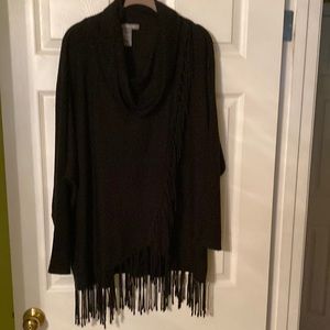 Cowl neck front and bottom fringed sweater